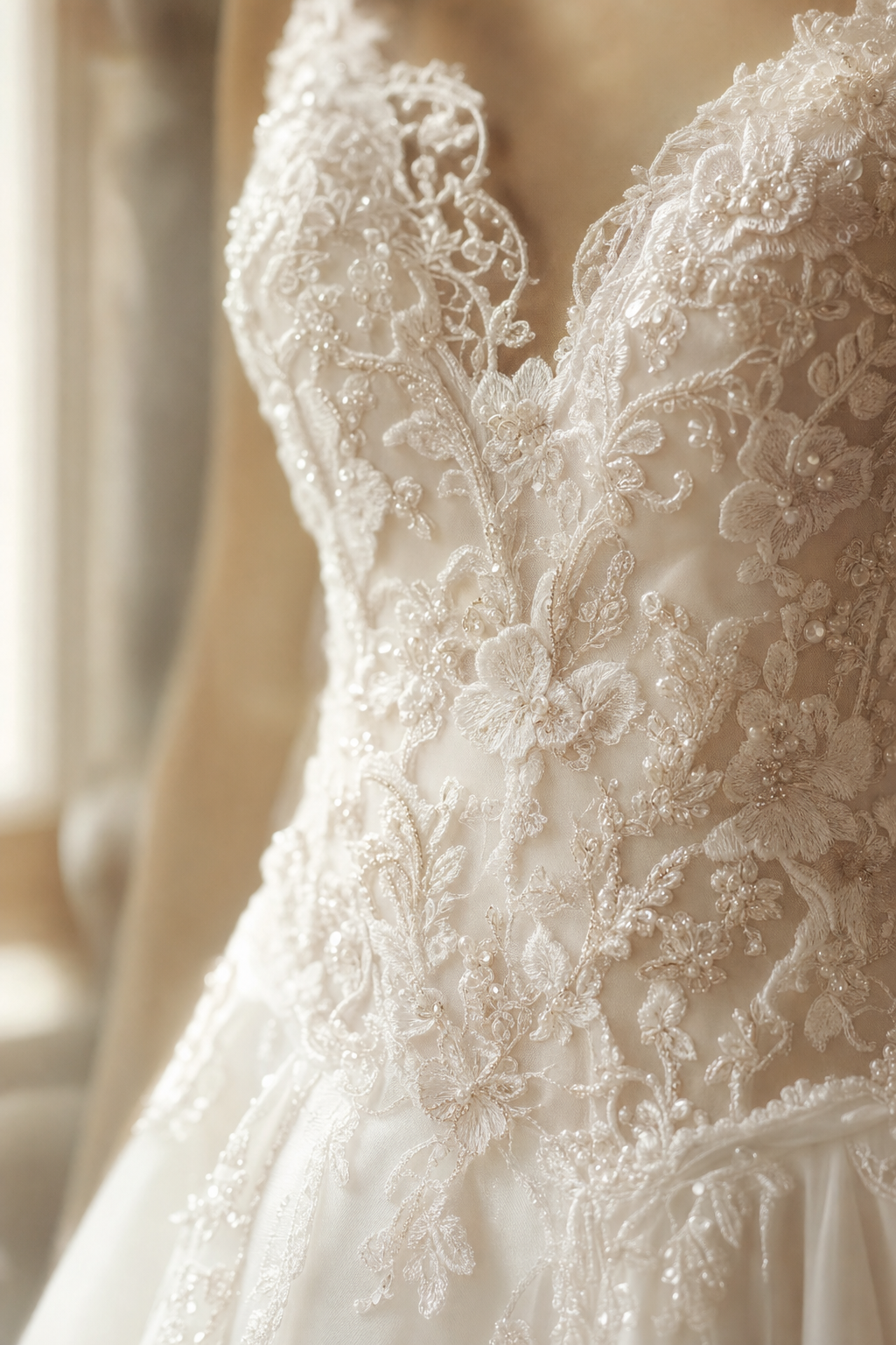 Close-up of intricate lace beadwork on a bridal gown bodice