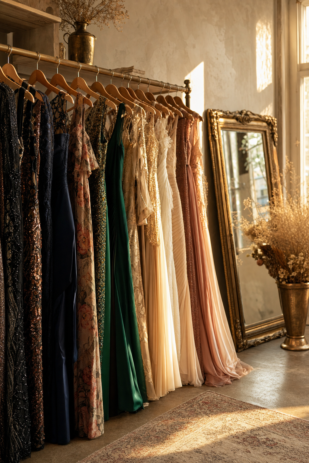 A consignment rack of pre-loved formal gowns beside a gilt mirror