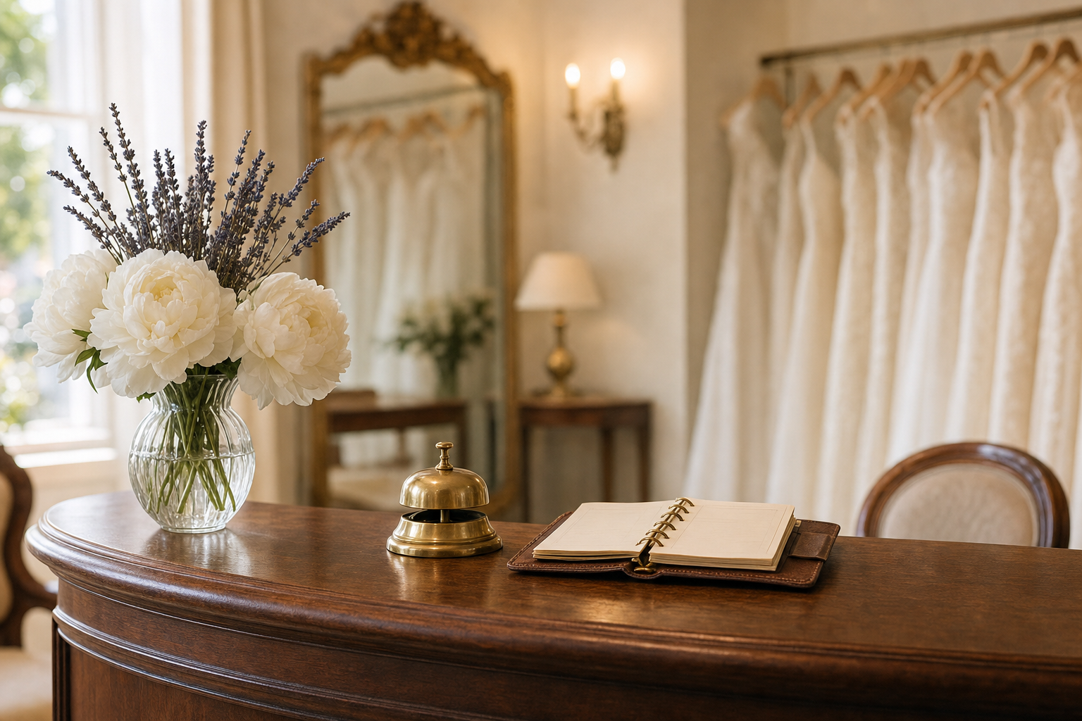 A boutique reception desk with brass bell, appointment book, and fresh white peonies