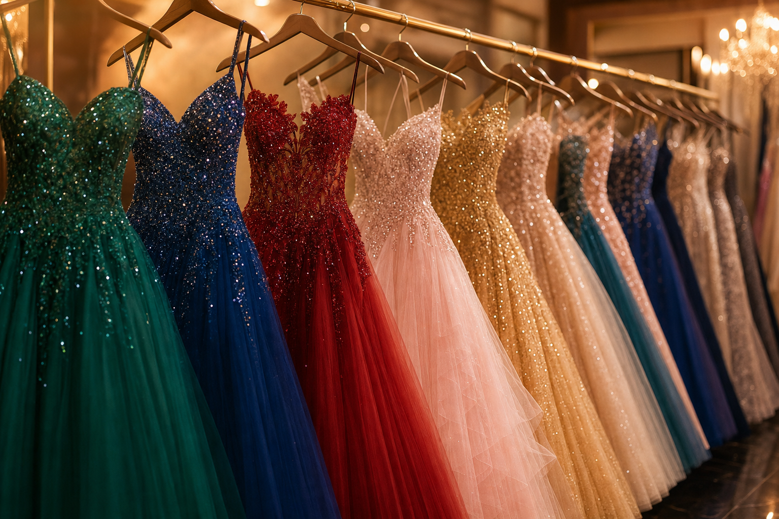 A row of sparkling prom and pageant gowns in jewel tones